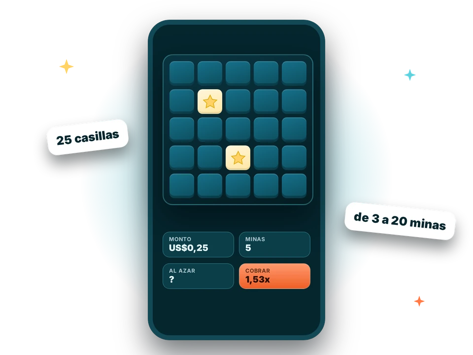 Cómo jugar Mines: monto, selector de minas, tablero y botón de cobro